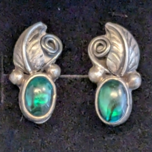 Native American Jewelry - Vintage Native American Paua Shell Solid Sterling Silver Pierced Earrings